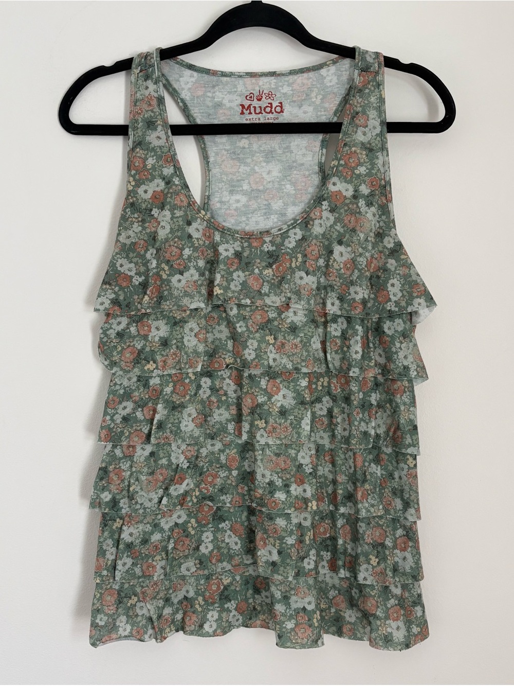 Mudd Women’s Green Floral Ruffle Tank Top Y2K 2000s Boho Summer Size XL